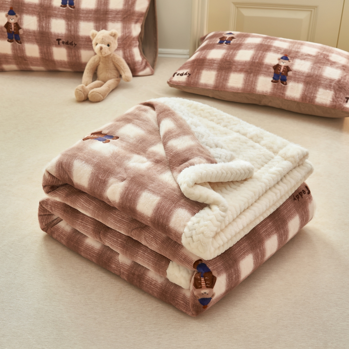 91家纺网 家纺一手货源 找家纺 晨曦家纺 2025新款加厚保暖牛奶绒贝贝绒三层夹棉毛毯可爱卡通 英伦小熊