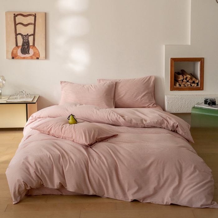 91家纺网 家纺一手货源 找家纺 （总）良品汇馆 2025【A类超细格水洗四件套】超细格子撞色民宿简约套件纯棉格纹