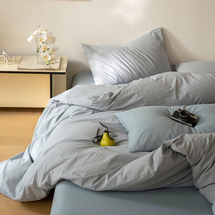 91家纺网 家纺一手货源 找家纺 良品汇馆 2025【A类超细格水洗四件套】超细格子撞色民宿简约套件纯棉格纹 超细格-蓝灰细格