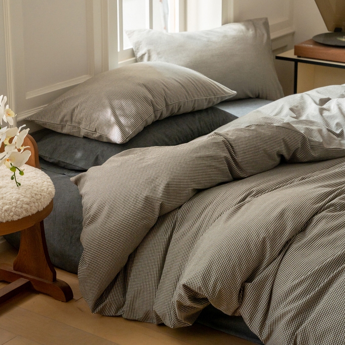 91家纺网 家纺一手货源 找家纺 良品汇馆 2025【A类超细格水洗四件套】超细格子撞色民宿简约套件纯棉格纹 超细格-黑咖细格