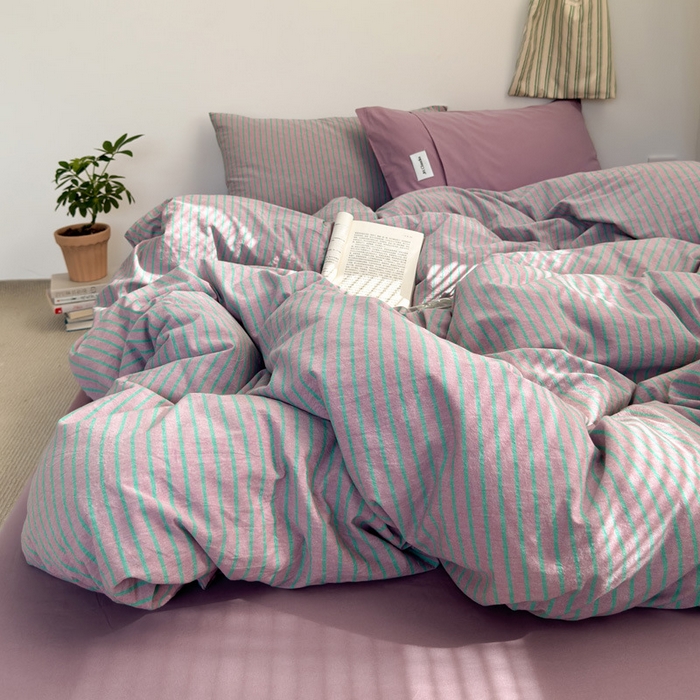 91家纺网 家纺一手货源 找家纺 良品汇馆 2025【A类水洗棉混搭条四件套】全棉水洗棉混搭纯棉床品件套民宿酒店 混搭紫粉条