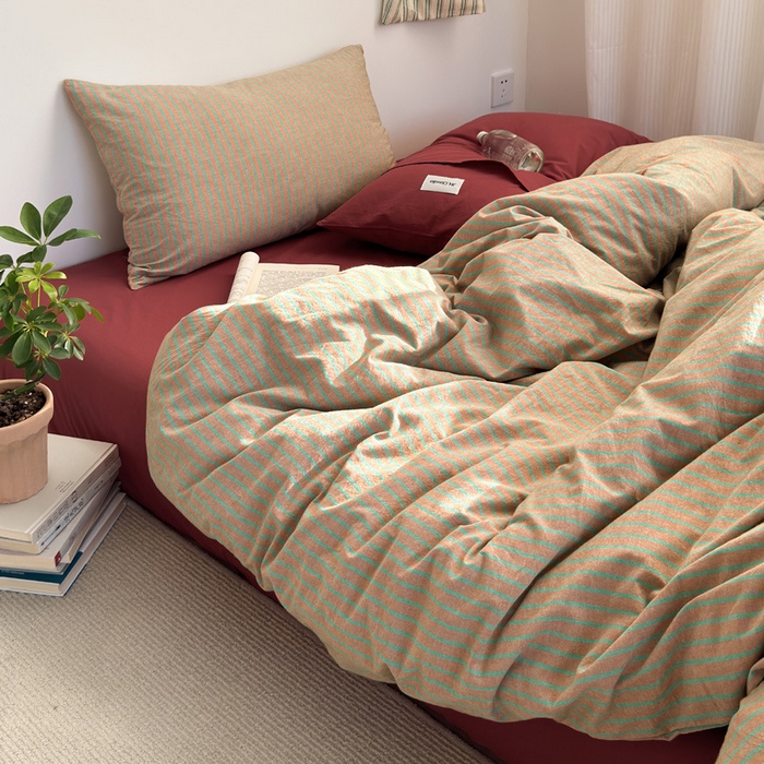 91家纺网 家纺一手货源 找家纺 良品汇馆 2025【A类水洗棉混搭条四件套】全棉水洗棉混搭纯棉床品件套民宿酒店 混搭桔红条