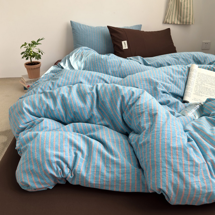 良品汇馆 2025【A类水洗棉混搭条四件套】全棉水洗棉混搭纯棉床品件套民宿酒店 混搭蓝咖条