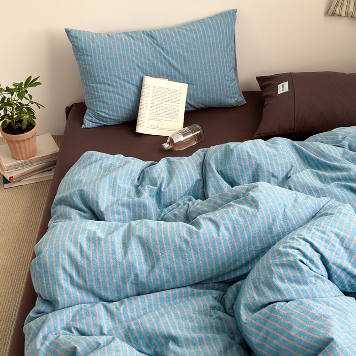 91家纺网 家纺一手货源 找家纺 良品汇馆 2025【A类水洗棉混搭条四件套】全棉水洗棉混搭纯棉床品件套民宿酒店 混搭蓝咖条