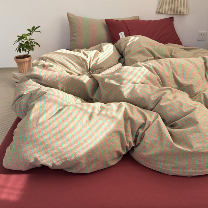 良品汇馆 2025【A类水洗棉混搭条四件套】全棉水洗棉混搭纯棉床品件套民宿酒店 混搭桔红条