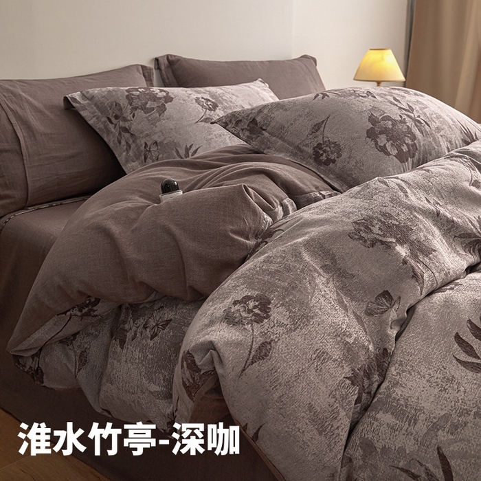 91家纺网 家纺一手货源 找家纺 良品汇馆 2025【复古三层纱提花四件套】全棉柔软纱布民宿床品 淮水竹亭-深咖