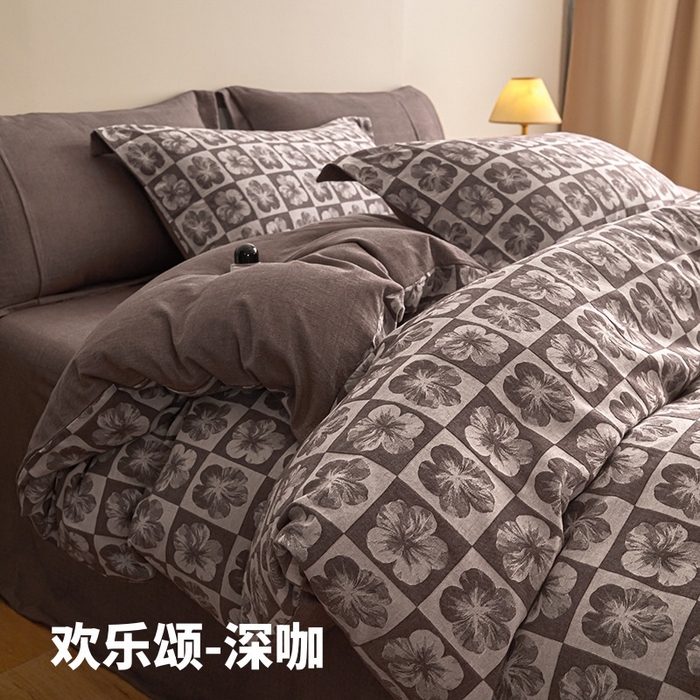良品汇馆 2025【复古三层纱提花四件套】全棉柔软纱布民宿床品 欢乐颂-深咖