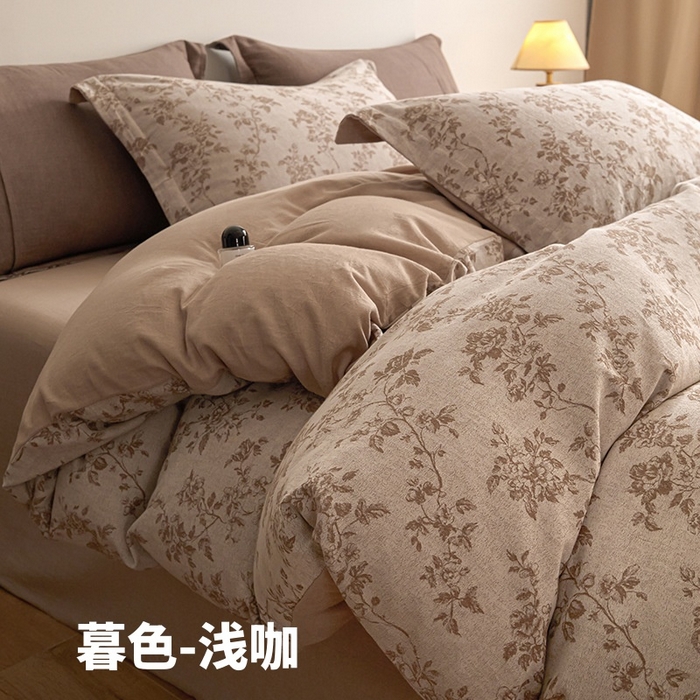 良品汇馆 2025【复古三层纱提花四件套】全棉柔软纱布民宿床品 暮色-浅咖