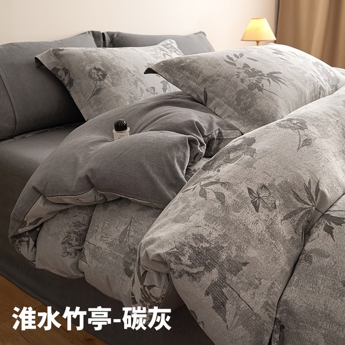 良品汇馆 2025【复古三层纱提花四件套】全棉柔软纱布民宿床品 淮水竹亭-碳灰