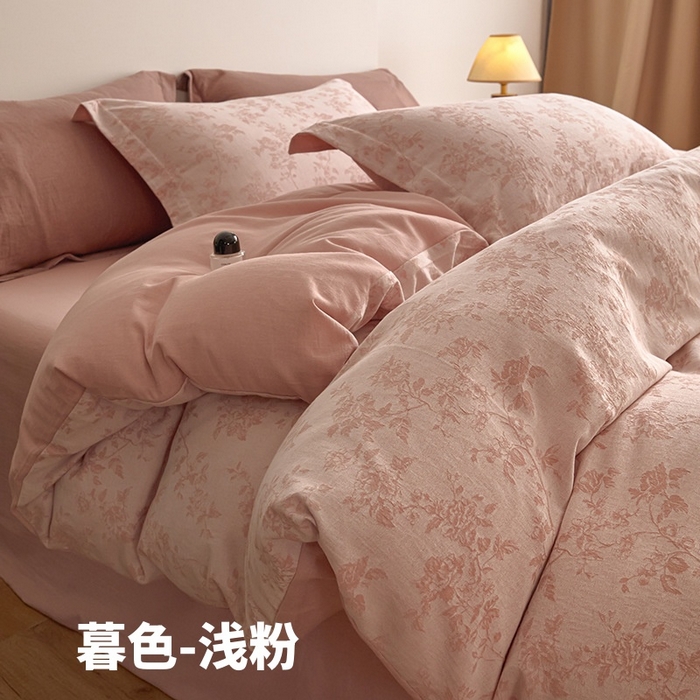 良品汇馆 2025【复古三层纱提花四件套】全棉柔软纱布民宿床品 暮色-浅粉