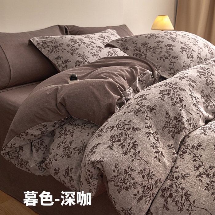 良品汇馆 2025【复古三层纱提花四件套】全棉柔软纱布民宿床品 暮色-深咖