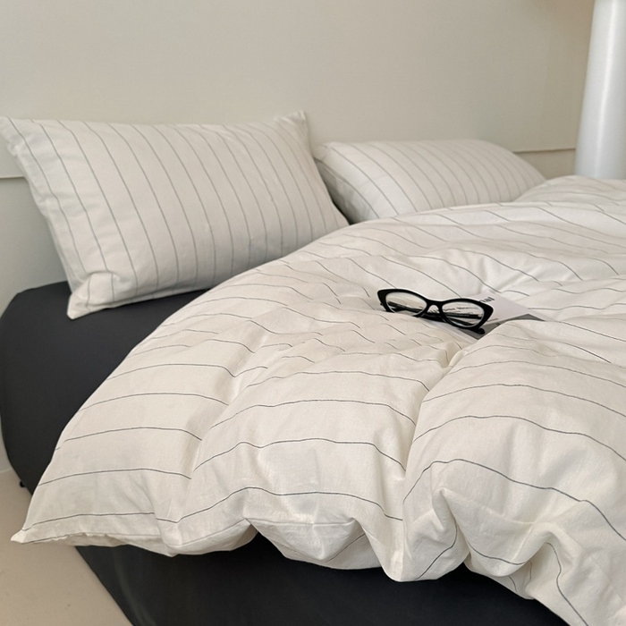 91家纺网 家纺一手货源 找家纺 （总）良品汇馆 2025【水洗棉宽条纹白色四件套】宽条纹白色床品件套纯棉民宿学生