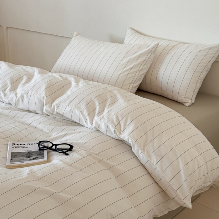 91家纺网 家纺一手货源 找家纺 （总）良品汇馆 2025【水洗棉宽条纹白色四件套】宽条纹白色床品件套纯棉民宿学生