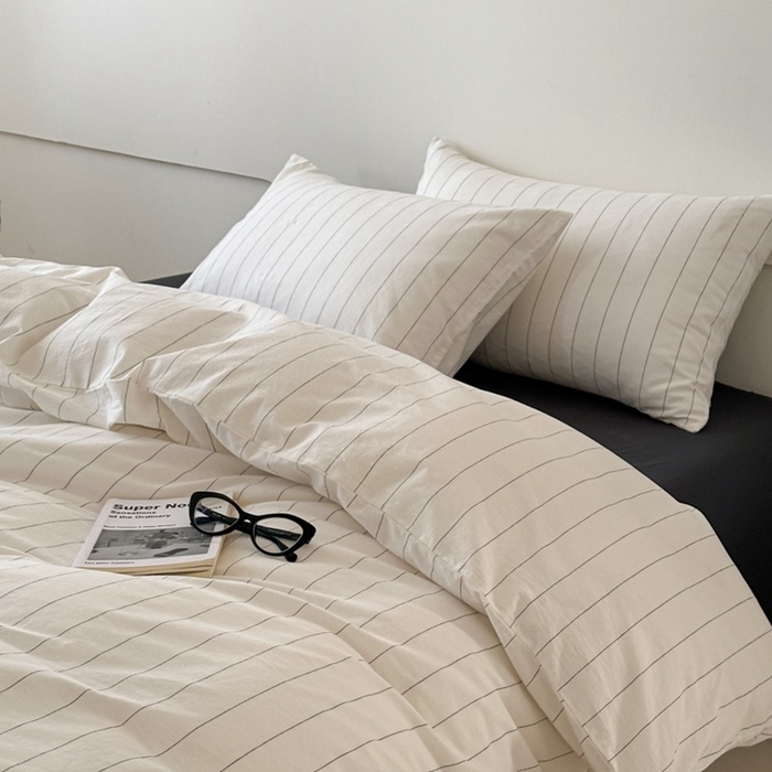 良品汇馆 2025【水洗棉宽条纹白色四件套】宽条纹白色床品件套纯棉民宿学生 素岛-寂黑