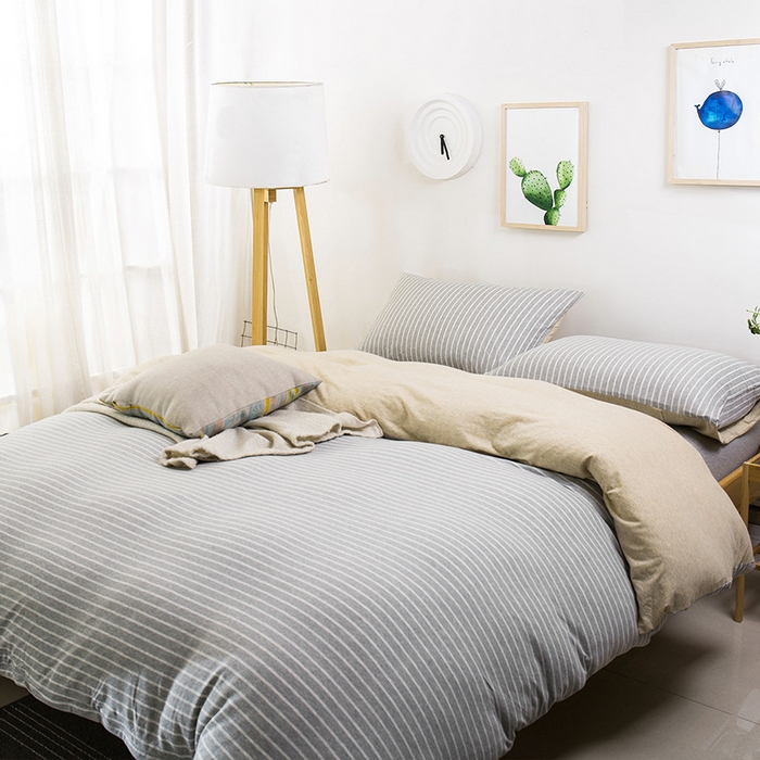 91家纺网 家纺一手货源 找家纺 良品汇馆 2025【条纹天竺棉四件套】条纹针织棉裸睡床品件套全棉床单款床笠 灰米细条