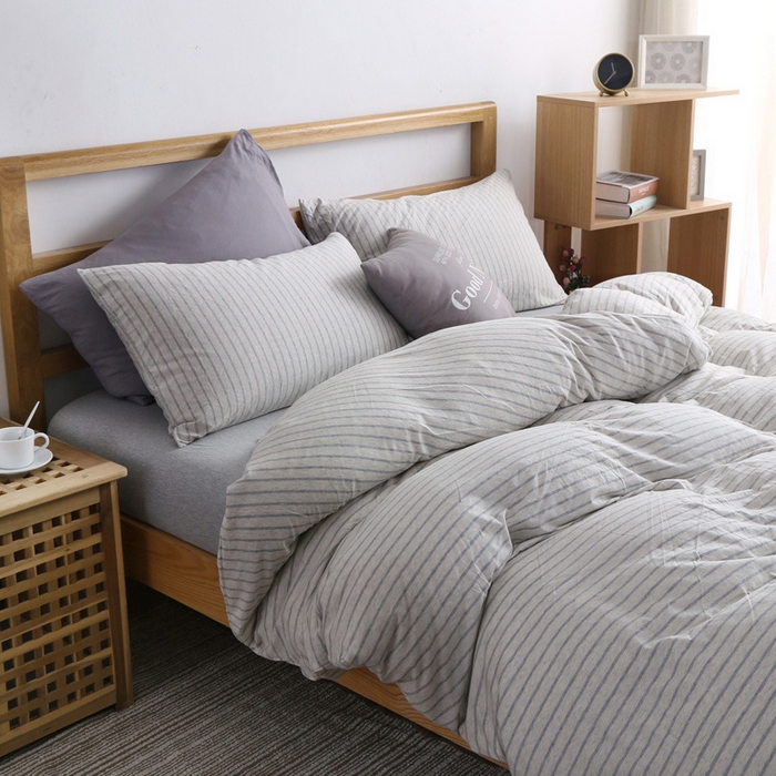良品汇馆 2025【条纹天竺棉四件套】条纹针织棉裸睡床品件套全棉床单款床笠 米灰细条