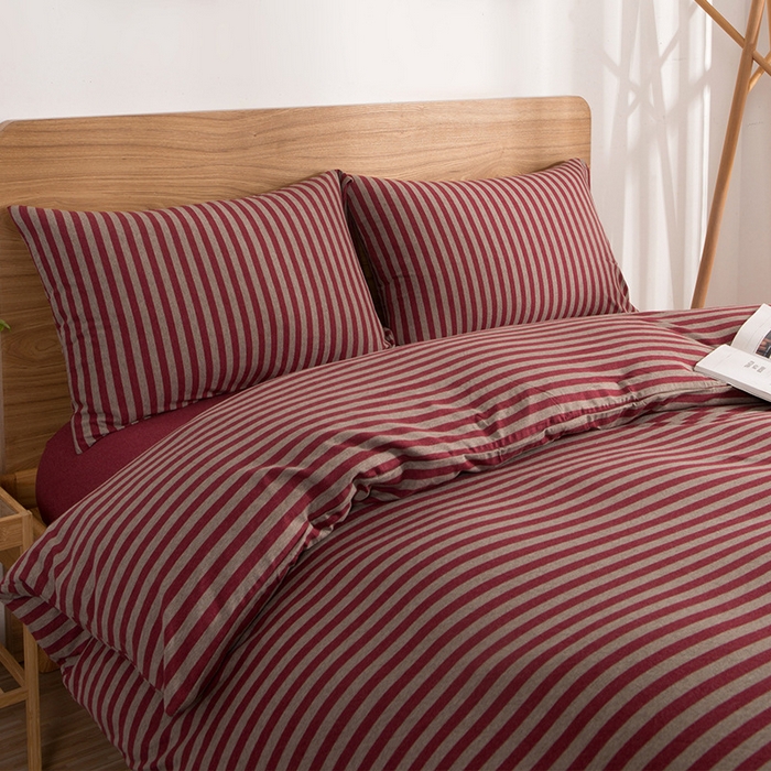 良品汇馆 2025【条纹天竺棉四件套】条纹针织棉裸睡床品件套全棉床单款床笠 酒红中条