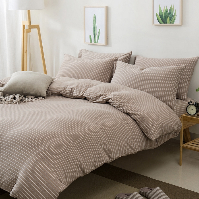 91家纺网 家纺一手货源 找家纺 良品汇馆 2025【条纹天竺棉四件套】条纹针织棉裸睡床品件套全棉床单款床笠 浅棕细条