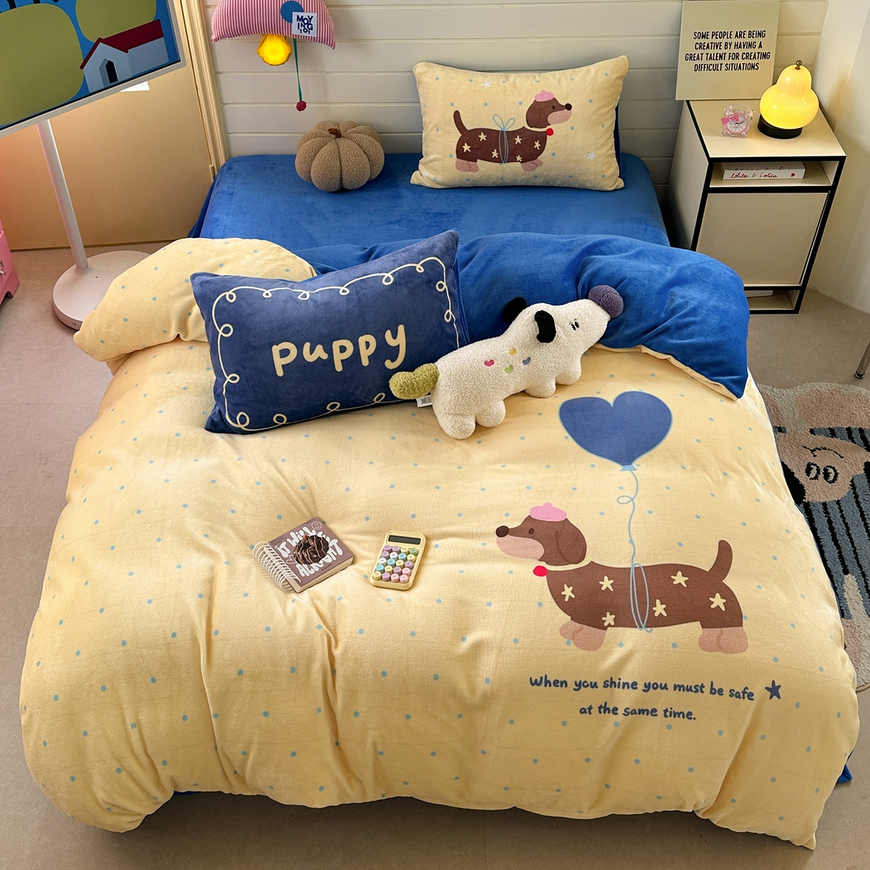 美乐迪家纺 2025新款大版牛奶绒四件套 波点腊肠狗