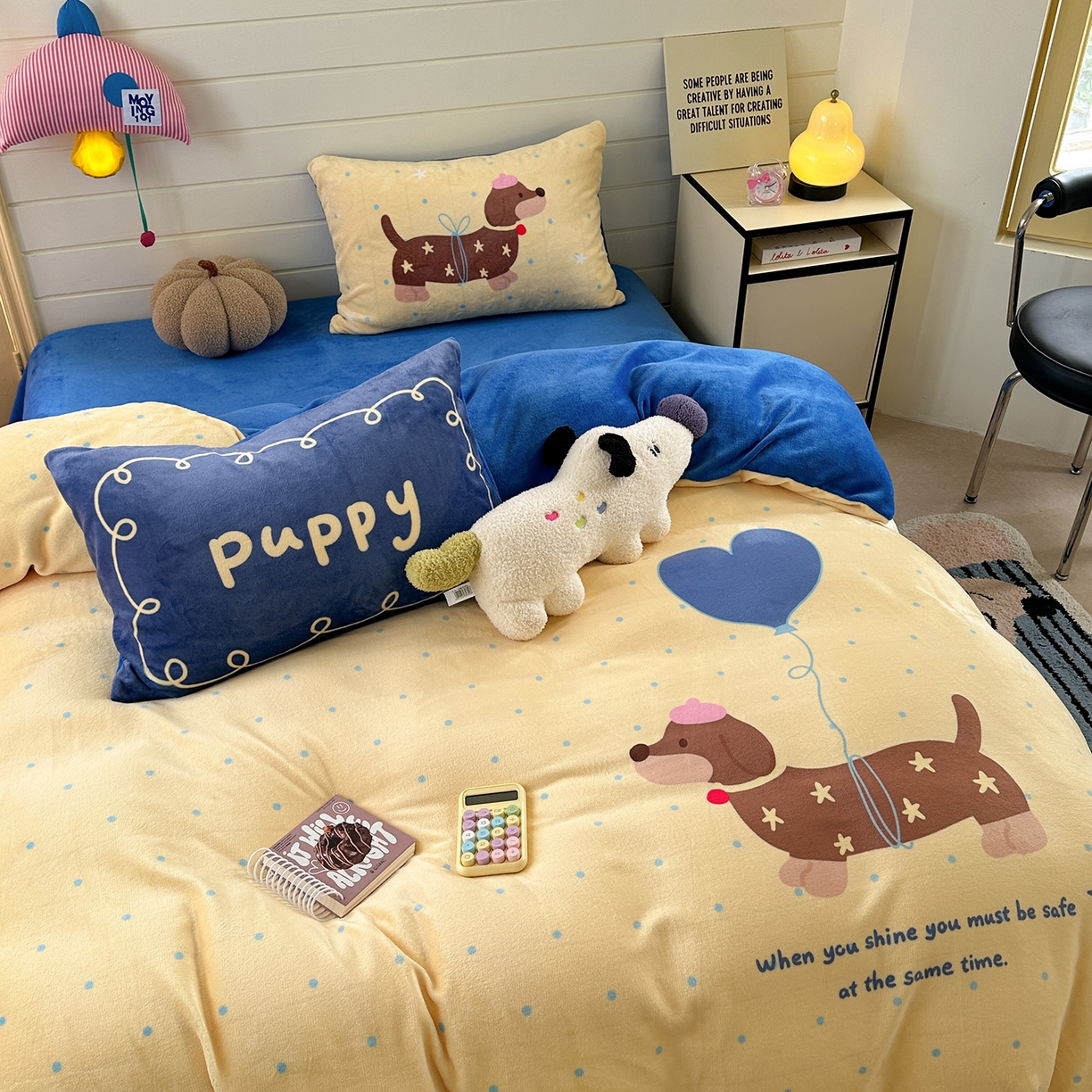 91家纺网 家纺一手货源 找家纺 美乐迪家纺 2025新款大版牛奶绒四件套 波点腊肠狗