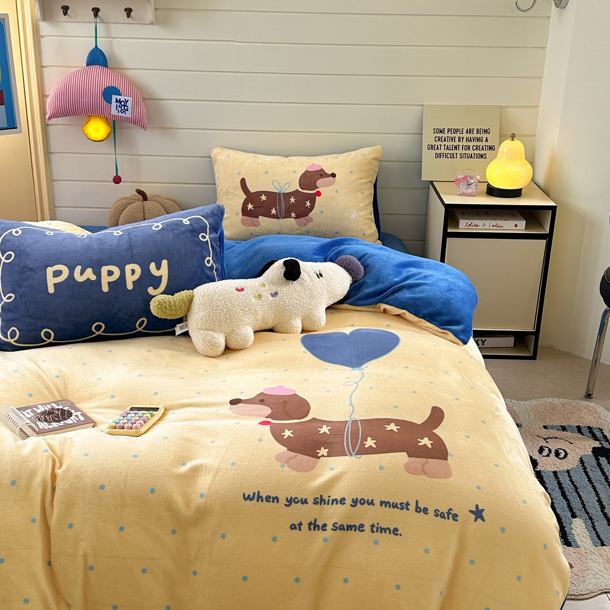 91家纺网 家纺一手货源 找家纺 美乐迪家纺 2025新款大版牛奶绒四件套 波点腊肠狗