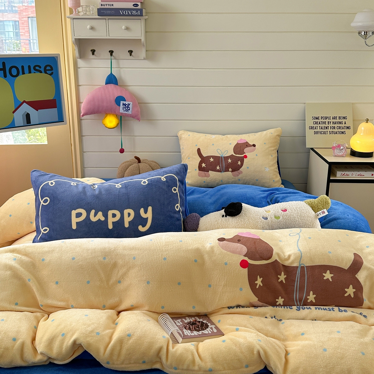 91家纺网 家纺一手货源 找家纺 美乐迪家纺 2025新款大版牛奶绒四件套 波点腊肠狗