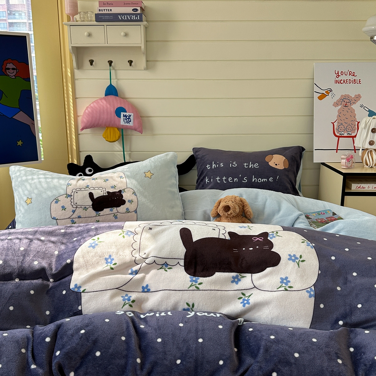 91家纺网 家纺一手货源 找家纺 美乐迪家纺 2025新款大版牛奶绒四件套 波点猫舍