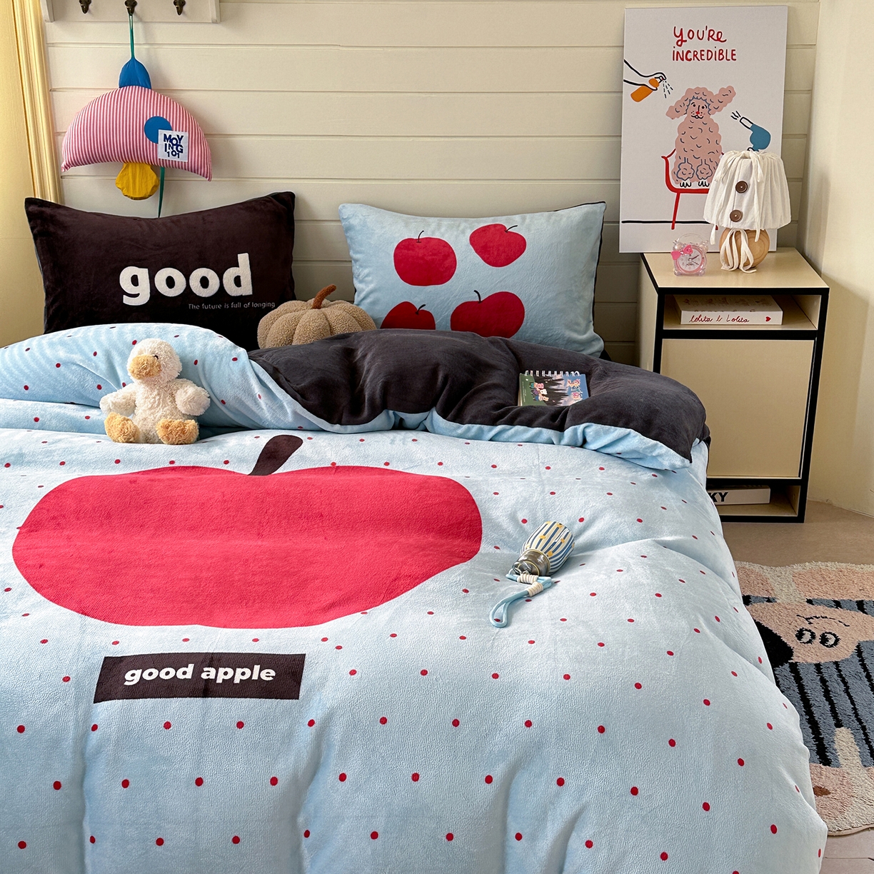 91家纺网 家纺一手货源 找家纺 美乐迪家纺 2025新款大版牛奶绒四件套 波点苹果