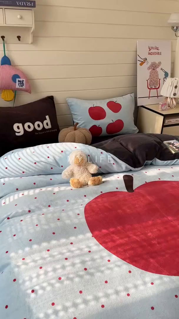 91家纺网 家纺一手货源 找家纺 美乐迪家纺 2025新款大版牛奶绒四件套 波点苹果