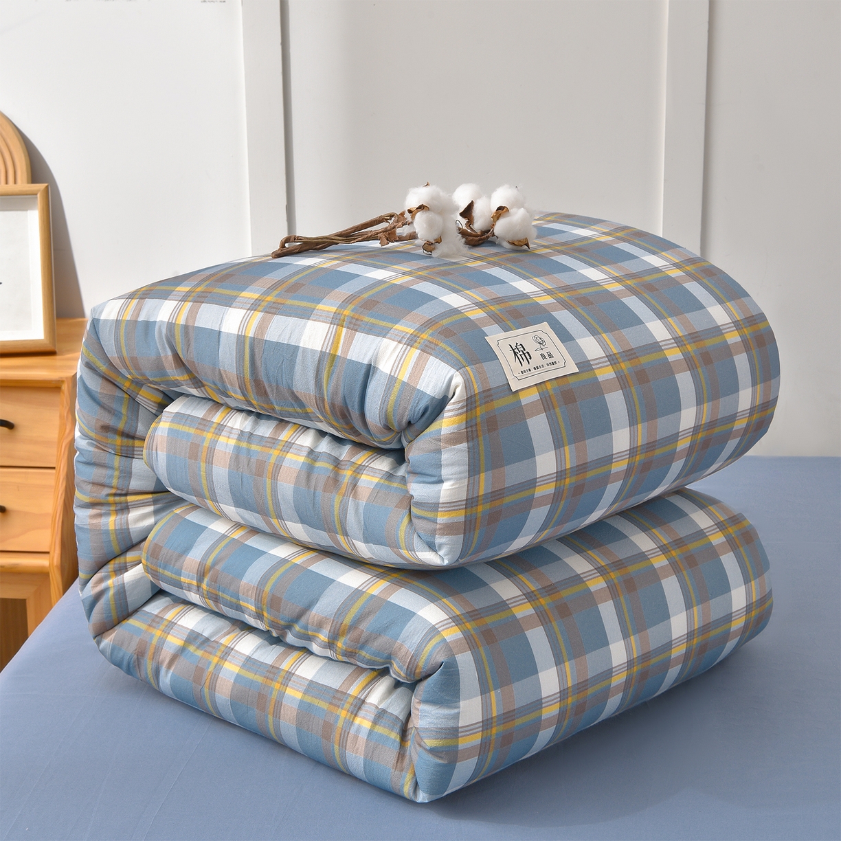 91家纺网 家纺一手货源 找家纺 锦逸家居 2025新款A类水洗棉棉花被被子被芯 简析蓝