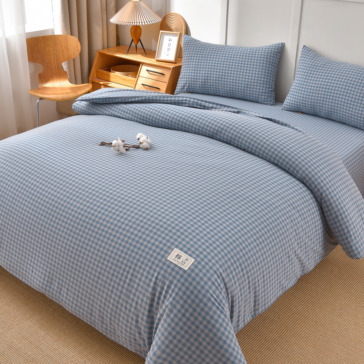 91家纺网 家纺一手货源 找家纺 锦逸家居 2025新款A类水洗棉棉花被被子被芯 蓝小格