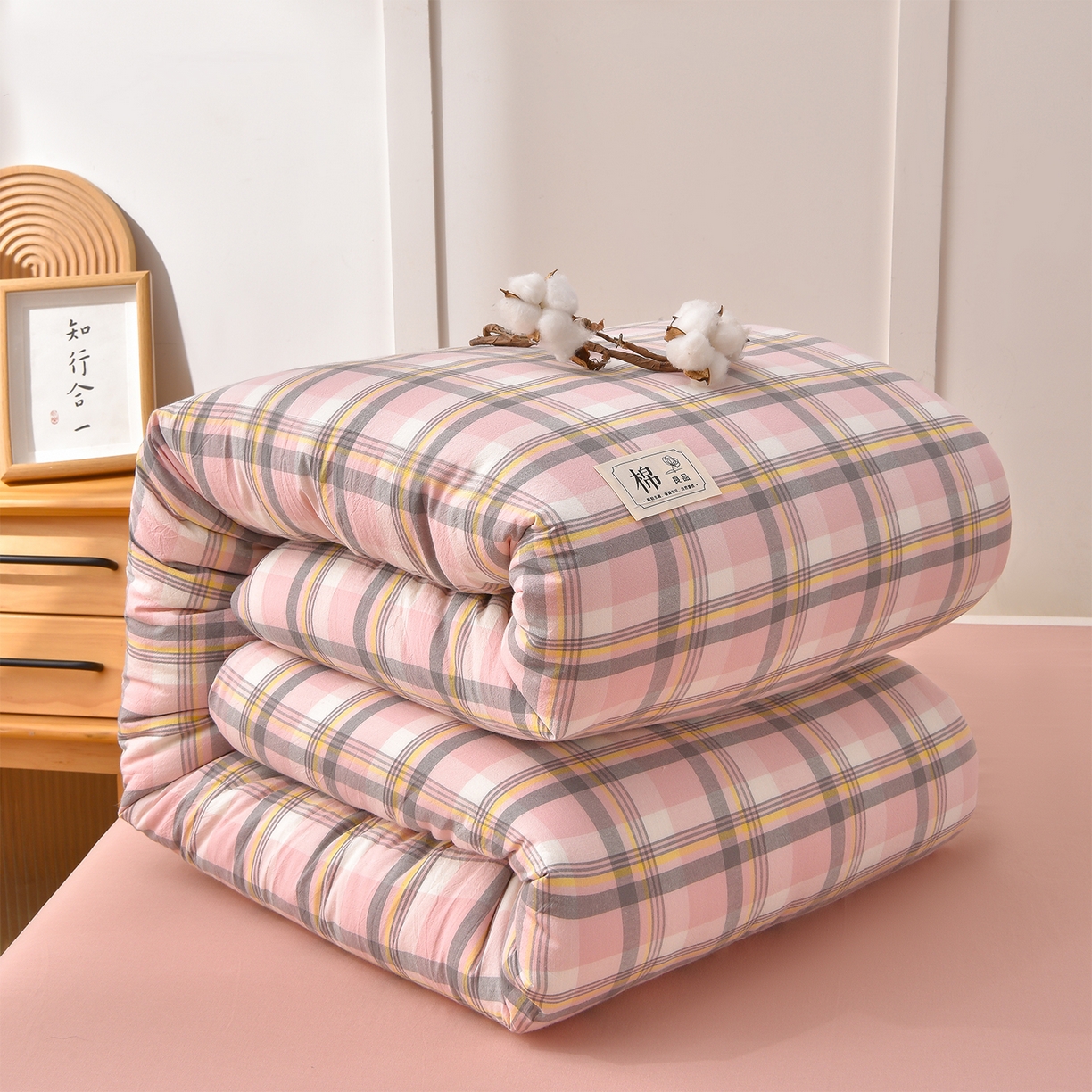 91家纺网 家纺一手货源 找家纺 锦逸家居 2025新款A类水洗棉棉花被被子被芯 清新粉