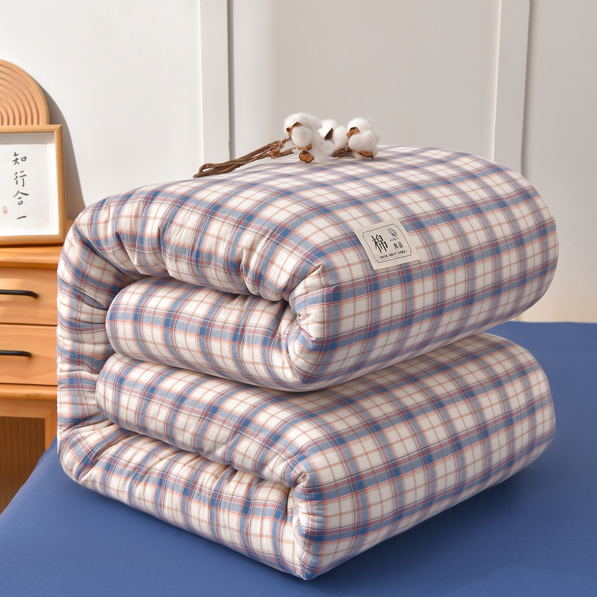 91家纺网 家纺一手货源 找家纺 锦逸家居 2025新款A类水洗棉棉花被被子被芯 清延-蓝