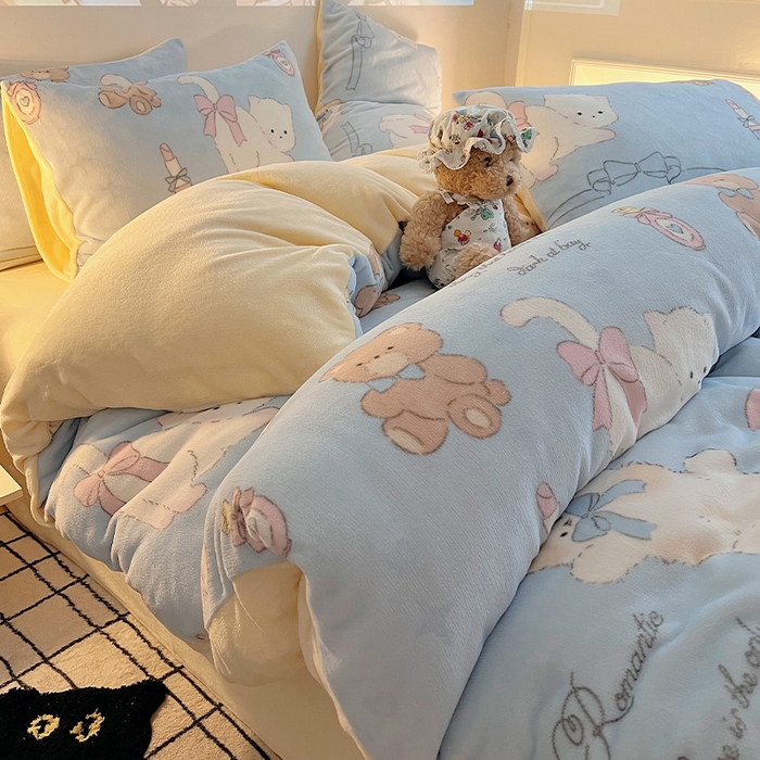 瑞莱 2025新款A类200克高克重秋冬印花牛奶绒四件套-卡通系列 慵懒小猫