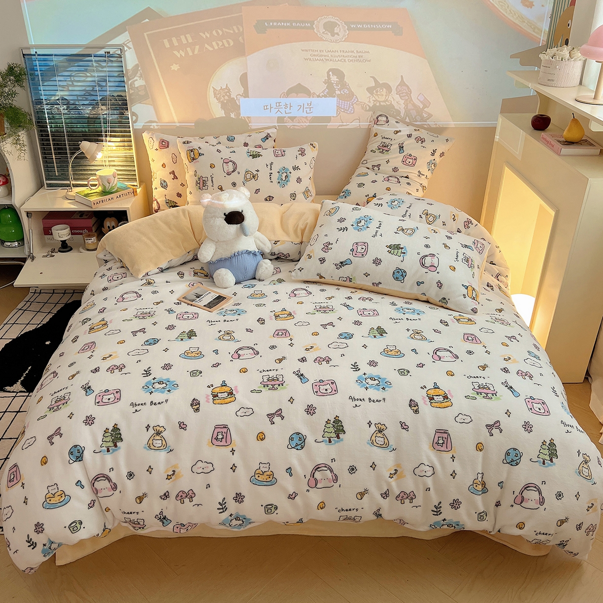 91家纺网 家纺一手货源 找家纺 瑞莱 2025新款A类200克高克重秋冬印花牛奶绒四件套-卡通系列 快乐小白熊