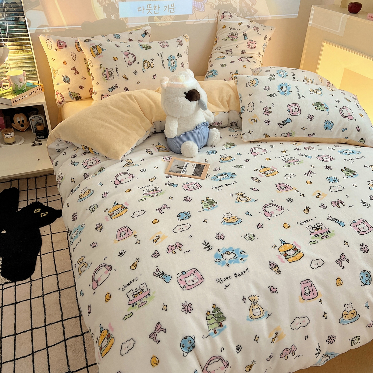 91家纺网 家纺一手货源 找家纺 瑞莱 2025新款A类200克高克重秋冬印花牛奶绒四件套-卡通系列 快乐小白熊