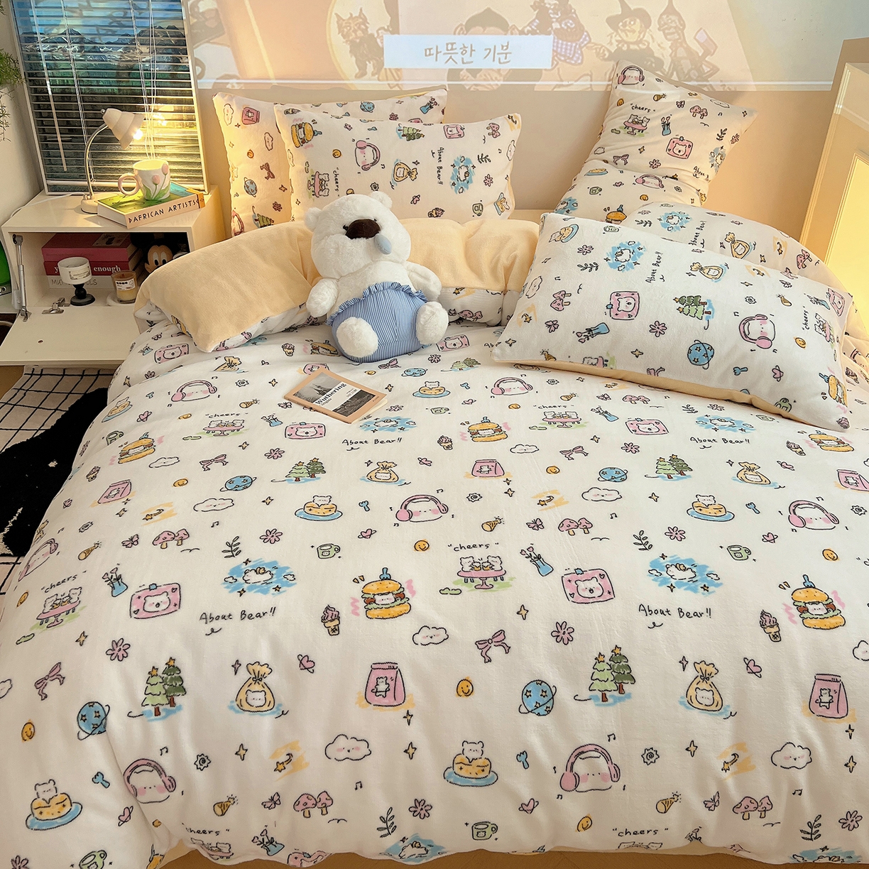 91家纺网 家纺一手货源 找家纺 瑞莱 2025新款A类200克高克重秋冬印花牛奶绒四件套-卡通系列 快乐小白熊