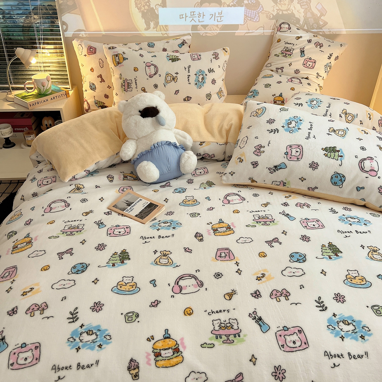 91家纺网 家纺一手货源 找家纺 瑞莱 2025新款A类200克高克重秋冬印花牛奶绒四件套-卡通系列 快乐小白熊