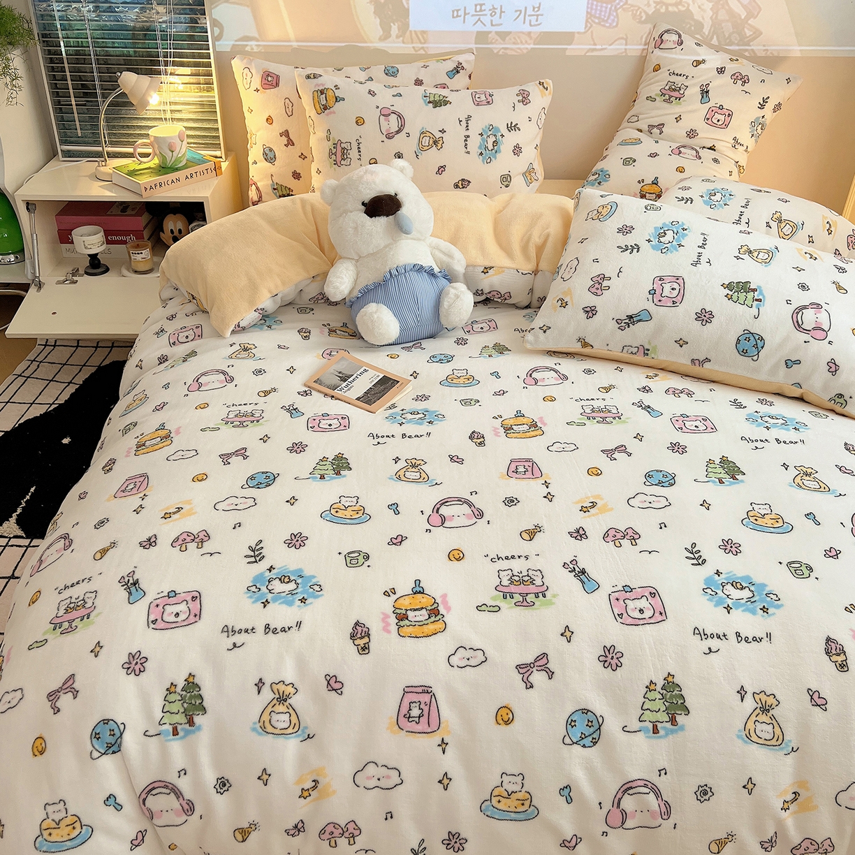 91家纺网 家纺一手货源 找家纺 瑞莱 2025新款A类200克高克重秋冬印花牛奶绒四件套-卡通系列 快乐小白熊