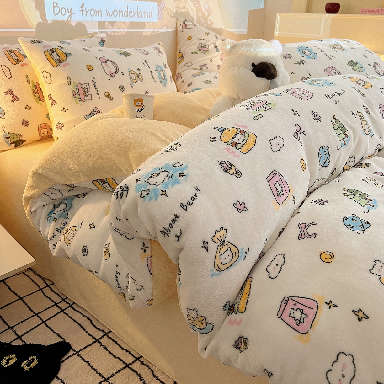 91家纺网 家纺一手货源 找家纺 瑞莱 2025新款A类200克高克重秋冬印花牛奶绒四件套-卡通系列 快乐小白熊