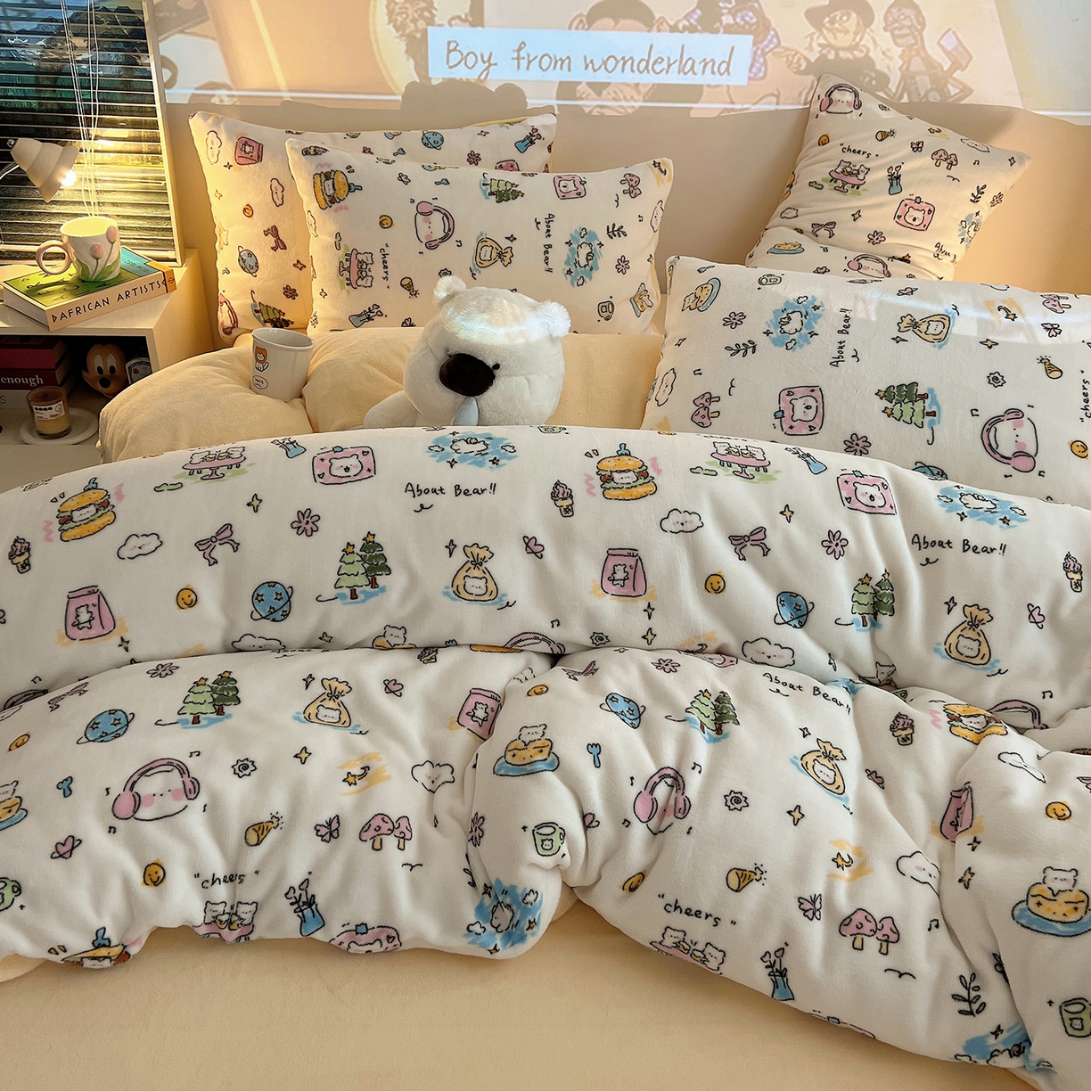 91家纺网 家纺一手货源 找家纺 瑞莱 2025新款A类200克高克重秋冬印花牛奶绒四件套-卡通系列 快乐小白熊