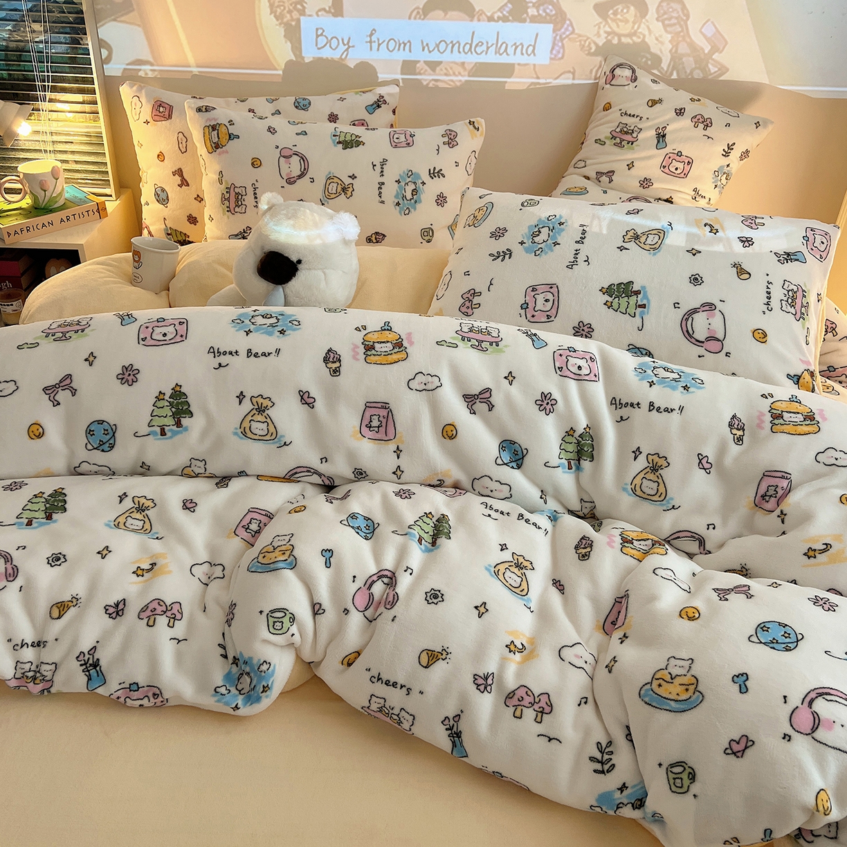 91家纺网 家纺一手货源 找家纺 瑞莱 2025新款A类200克高克重秋冬印花牛奶绒四件套-卡通系列 快乐小白熊