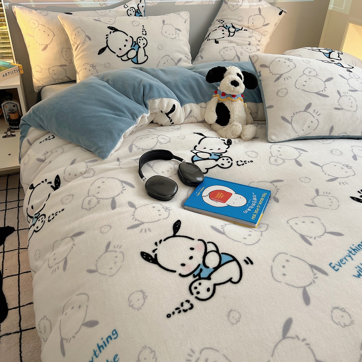 91家纺网 家纺一手货源 找家纺 瑞莱 2025新款A类200克高克重秋冬印花牛奶绒四件套-卡通系列 绒调皮狗