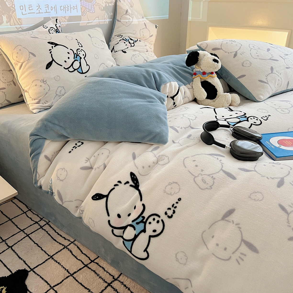 91家纺网 家纺一手货源 找家纺 瑞莱 2025新款A类200克高克重秋冬印花牛奶绒四件套-卡通系列 绒调皮狗