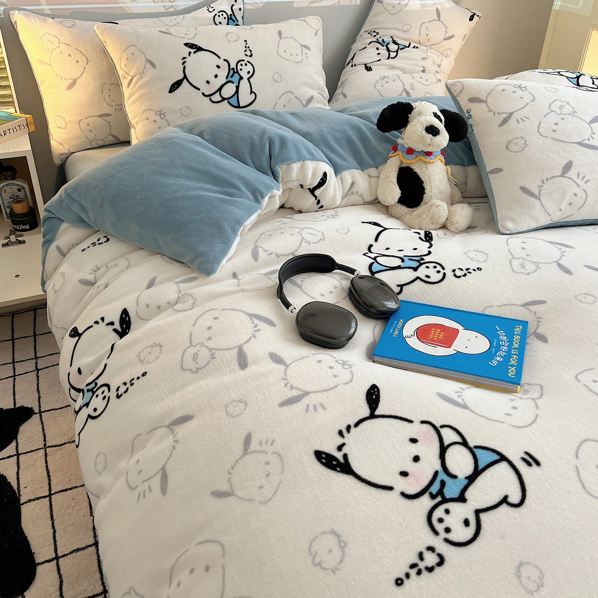 91家纺网 家纺一手货源 找家纺 瑞莱 2025新款A类200克高克重秋冬印花牛奶绒四件套-卡通系列 绒调皮狗