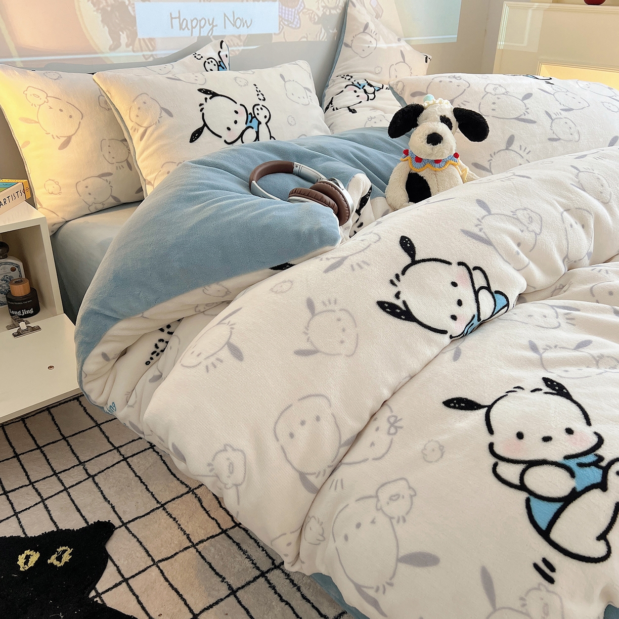 91家纺网 家纺一手货源 找家纺 瑞莱 2025新款A类200克高克重秋冬印花牛奶绒四件套-卡通系列 绒调皮狗