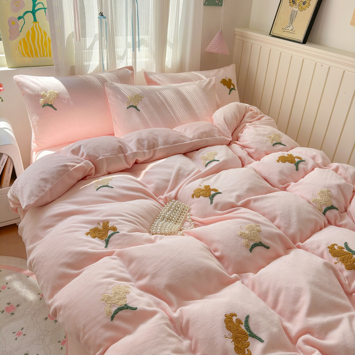 典雅家纺 2025新款高克重牛奶绒毛巾绣系列四件套-香水百合 粉色