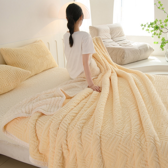 91家纺网 家纺一手货源 找家纺 圣楚家纺 2025新款塔芙绒羊羔绒双层毛毯盖毯毯子-暖窝 暖窝奶黄