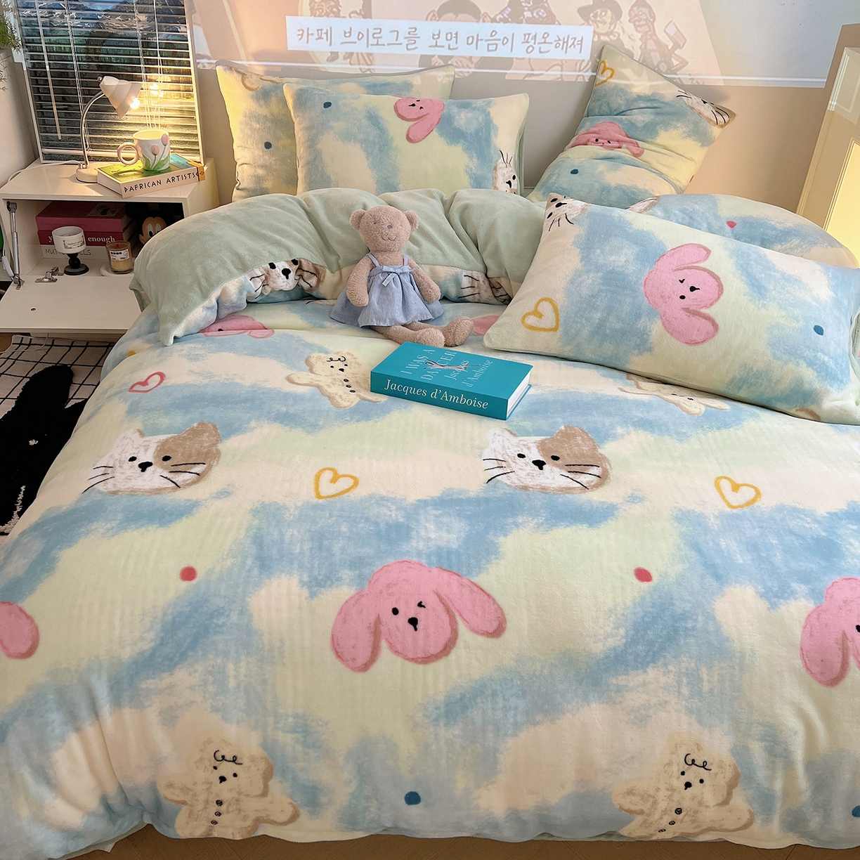 91家纺网 家纺一手货源 找家纺 瑞莱 2025新款A类200克高克重秋冬印花牛奶绒四件套-卡通系列 绒蜡笔画