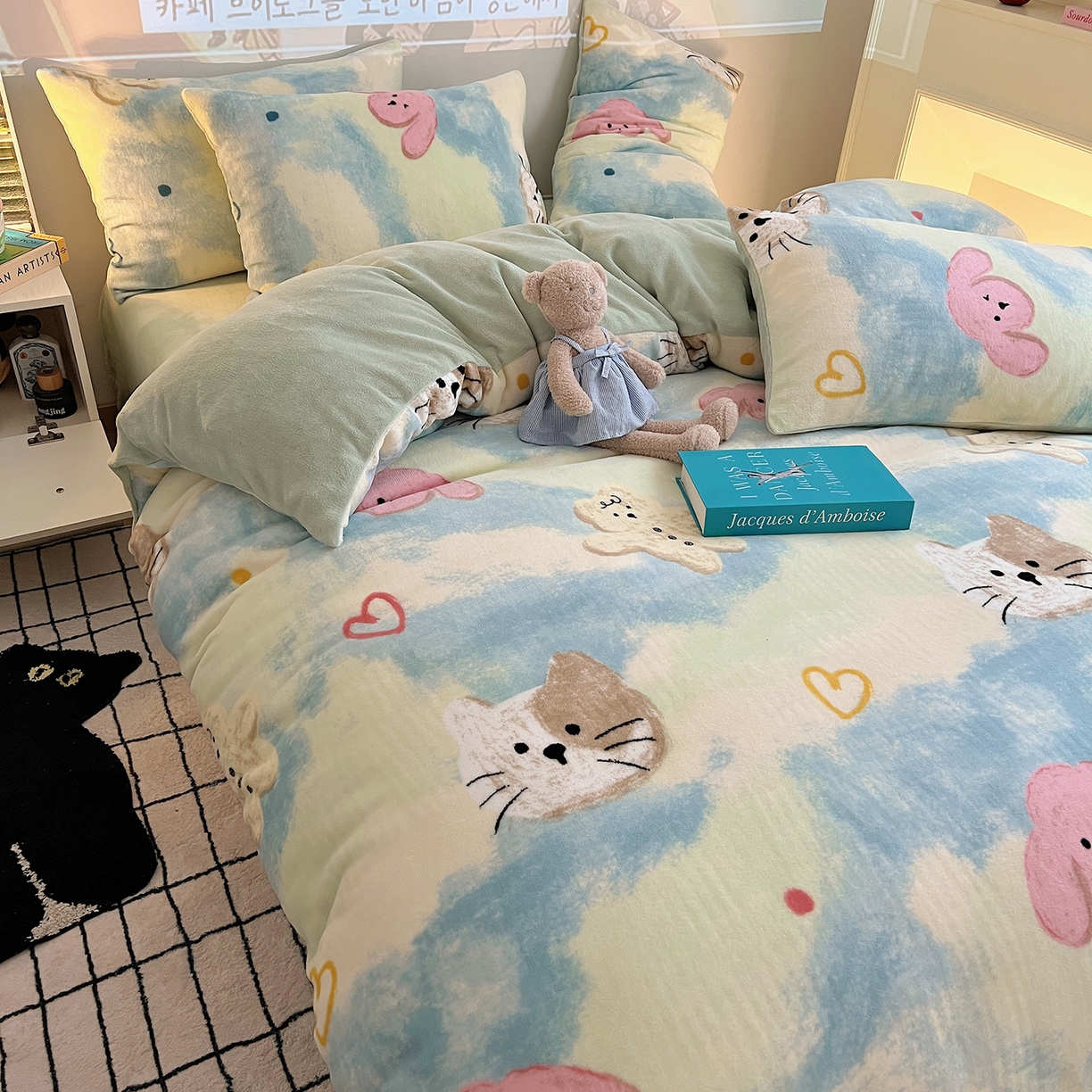 91家纺网 家纺一手货源 找家纺 瑞莱 2025新款A类200克高克重秋冬印花牛奶绒四件套-卡通系列 绒蜡笔画